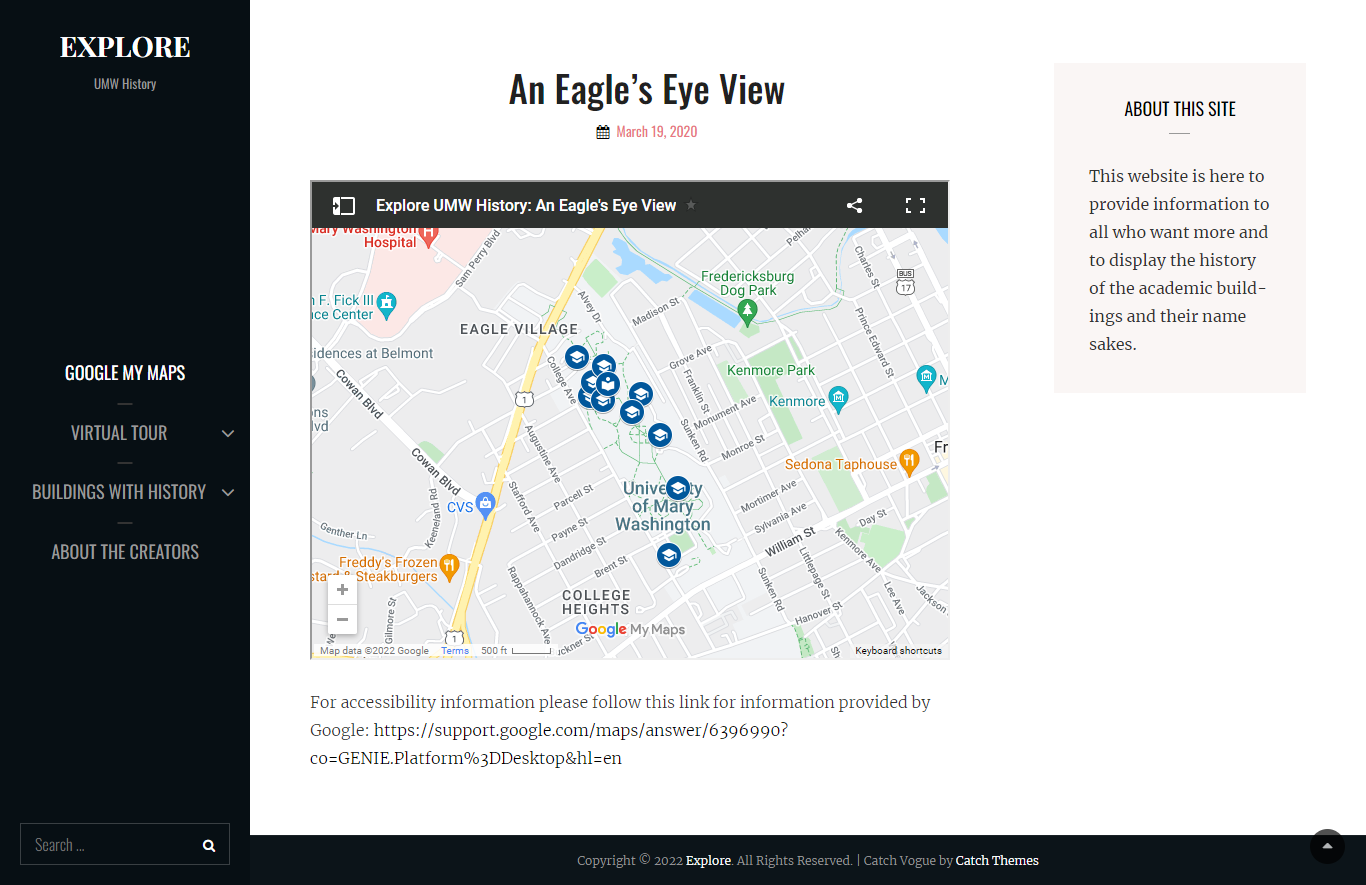 Screenshot of the Explore UMW site after the new Google Maps project was embedded on the page.